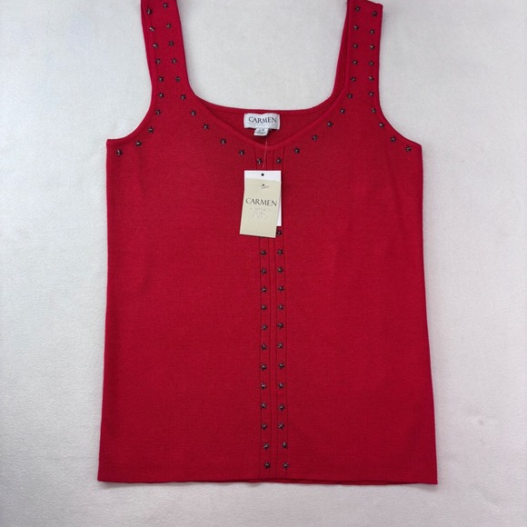 Carmen Marc Valvo Red Ribbed Tank Top Women Large New Star Studded V Neck - Picture 10 of 12